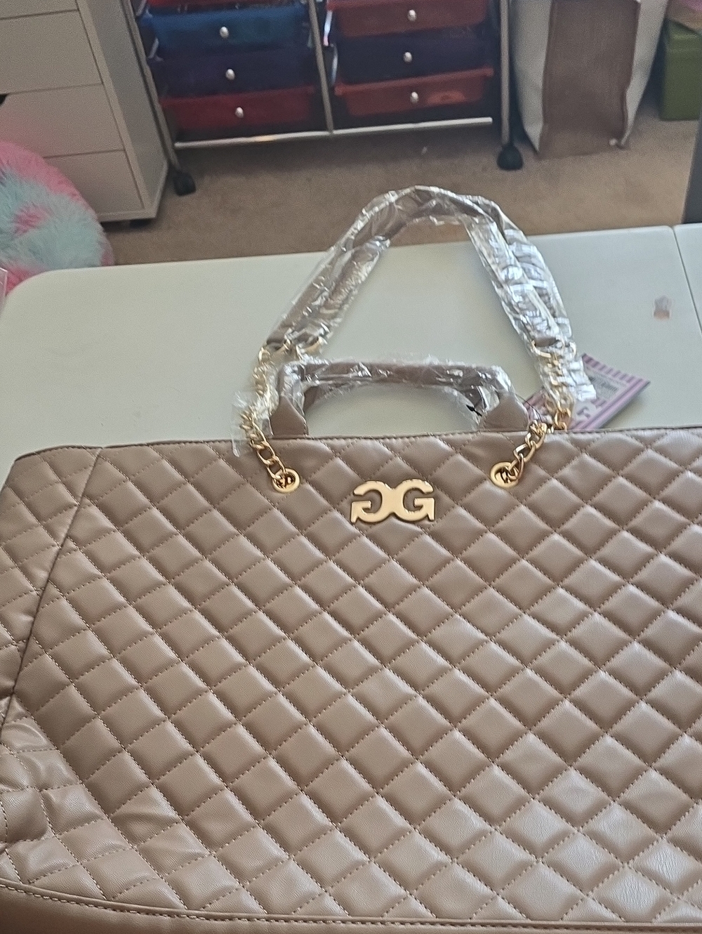 Quilted Beige Tote with Gold Chain Accents